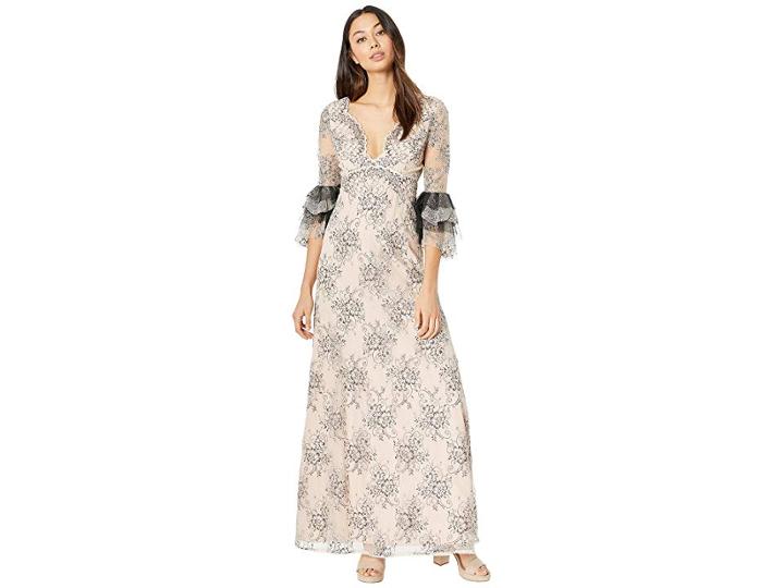 Bcbgmaxazria V Front Long Dress With Ruffle Sleeve (rose Whisper Combo) Women's Dress