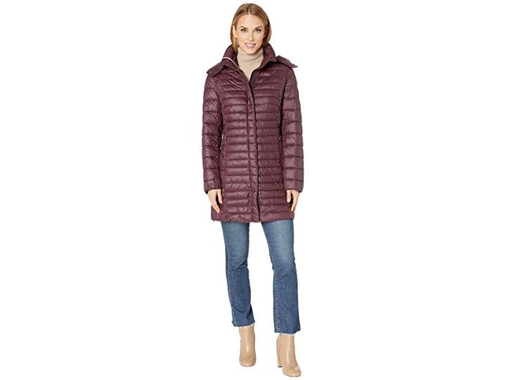 Kenneth Cole New York Hooded Lightweight Nylon Packable (rum Raisin) Women's Coat