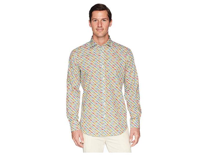 Bugatchi Shaped Fit Long Sleeve Car Print Woven Shirt (candy) Men's Clothing