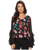Vince Camuto Floral Heirloom V-neck Ruffled Sleeve Blouse (rich Black) Women's Blouse
