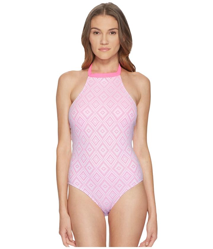 Letarte Lace High Neck One-piece (white Multi) Women's Swimsuits One Piece