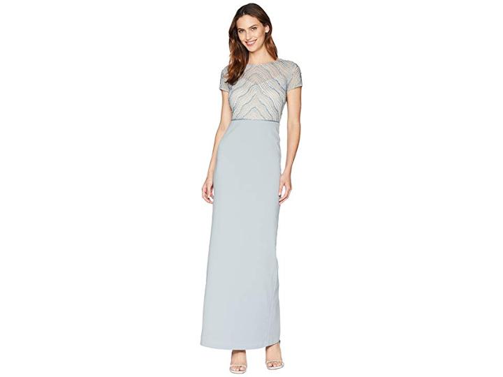 Adrianna Papell Short Sleeve Bead Bodice Gown With Solid Stretch Crepe Skirt (blue Heather) Women's Dress