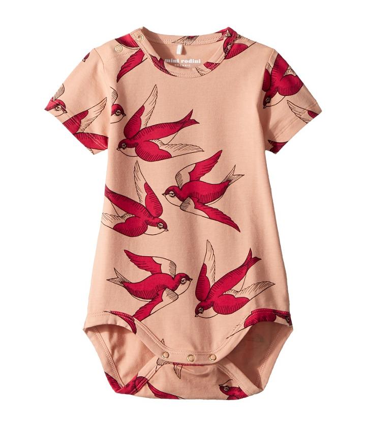 Mini Rodini Swallows Short Sleeve Bodysuit (infant) (pink) Girl's Jumpsuit & Rompers One Piece