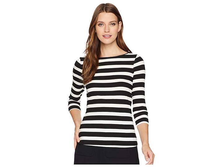 Three Dots Alpine Stripe 3/4 Sleeve Top W/ Shell Stitch (black/natural) Women's Clothing