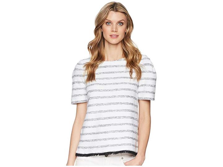Ellen Tracy Cropped Boxy Fringe Hem Top (loop Tweed Black-white) Women's Clothing