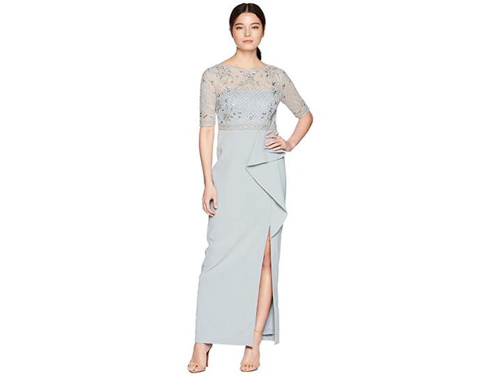 Adrianna Papell Petite 3/4 Sleeve Beaded Bodice Mob Gown With Ruffle Crepe Skirt (blue Heather) Women's Dress