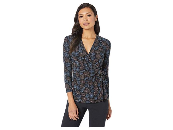 Anne Klein Justine Print 3/4 Sleeve Wrap Top (anne Black/versailles Combo) Women's Blouse