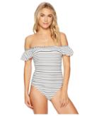 Vince Camuto Blossom Stripes Ruffle Off The Shoulder One-piece Swimsuit W/ Removable Soft Cups Strap (black) Women's Swimsuits One Piece