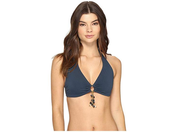 Letarte Halter Bikini Top W/ Gold Rings (blue Graphite) Women's Swimwear