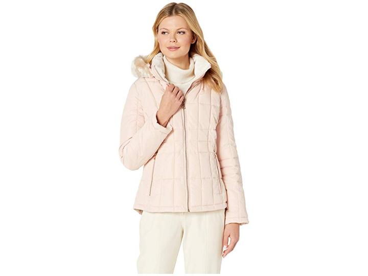Calvin Klein Short Faux Fur Trimmed Traditional Box Quilt Down (blush) Women's Coat