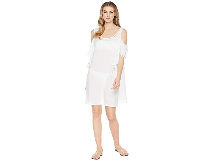Michael Michael Kors Solids Cold Shouder Ruffle Cover-up W/ Studs (white) Women's Swimwear