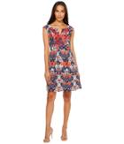 Adrianna Papell Printed Linenette Mirrored Dreams Fit And Flare Dress With Embroidery (blue Multi) Women's Dress