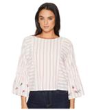Two By Vince Camuto Ruffle Bell Sleeve Bubble Stripe Embroidered Blouse (indie Red) Women's Blouse