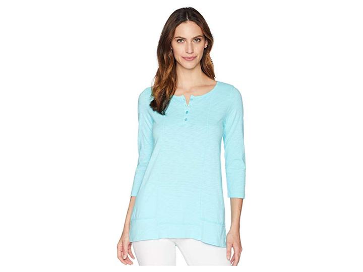 Mod-o-doc Heavier Slub Jersey 3/4 Sleeve Henley With Crochet Lace Back (pacific) Women's Clothing