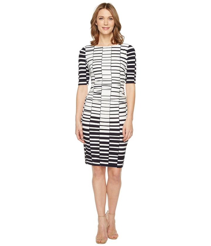 Vince Camuto Printed Knit Bodycon Dress With Ruching (navy/ivory) Women's Dress