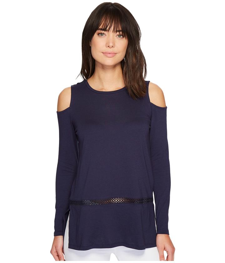 Michael Michael Kors Long Sleeve Cold Shoulder Insert Top (true Navy) Women's Long Sleeve Pullover