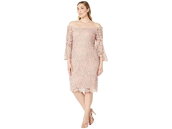 Marina Plus Size Off Shoulder Metallic Lace Bell Sleeve Dress (blush) Women's Dress
