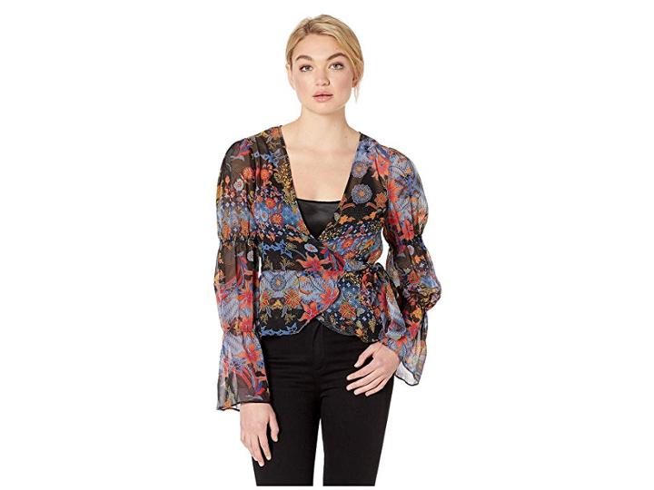 Bcbgeneration Bubble Sleeve Wrap Top (faded Blue Combo) Women's Clothing