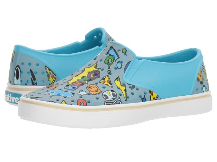Native Kids Shoes Miles Print (little Kid/big Kid) (pigeon Grey/shell White/sticker Book Print) Kids Shoes