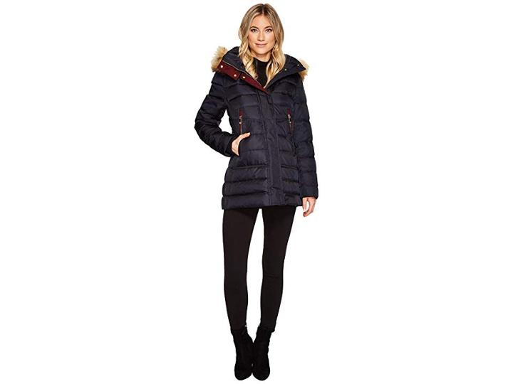 Vince Camuto Faux Fur Hooded Down With Contrast Piping N8791 (navy) Women's Coat