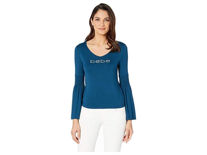 Bebe Smocked Flutter Sleeve Top (gibraltar Sea) Women's Clothing