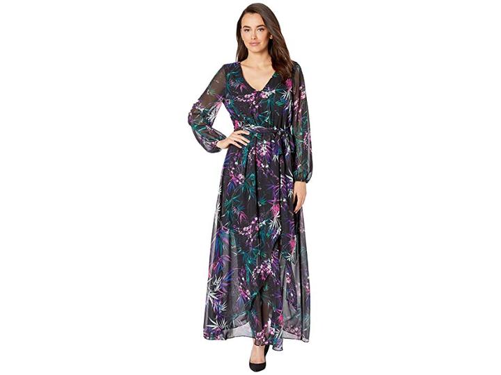 Nine West Printed Hmc Long Sleeve Faux Wrap Maxi (black/flamenco Multi) Women's Dress