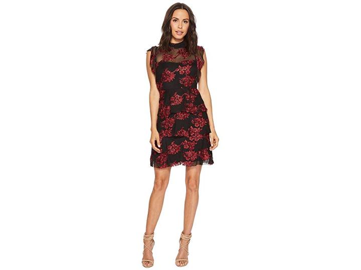 Romeo & Juliet Couture Flower Lace Dress W/ Sheer Detail (black/red) Women's Dress