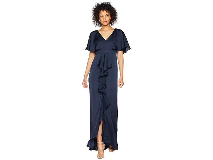 Adrianna Papell Stretch Satin Chiffon Flutter Sleeve Gown (midnight) Women's Dress