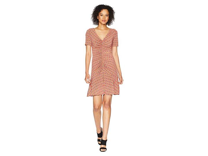 Donna Morgan Short Sleeve V-neck Printed Jersey Dress With Ruching Detail (blood Orange) Women's Dress