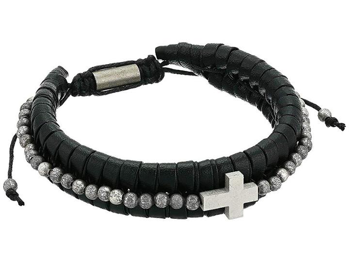 Steve Madden Faux Leather Adjustable Bracelet With Beaded Cross Design In Stainless Steel (black/silver) Bracelet