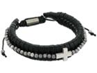 Steve Madden Faux Leather Adjustable Bracelet With Beaded Cross Design In Stainless Steel (black/silver) Bracelet