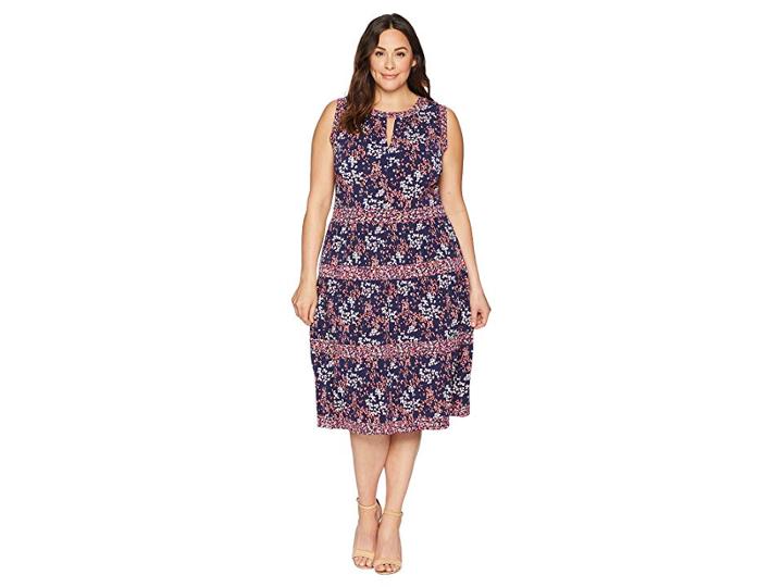 Michael Michael Kors Plus Size Blooms Border Tier Dress (true Navy/bright Blush) Women's Dress