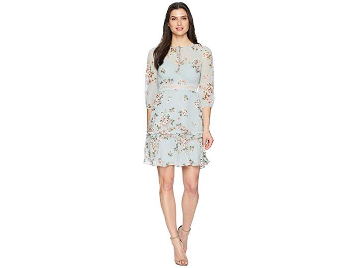 Donna Morgan Printed Chiffon With Faggoted Waist (steel Blue/blooming Pink Multi) Women's Dress