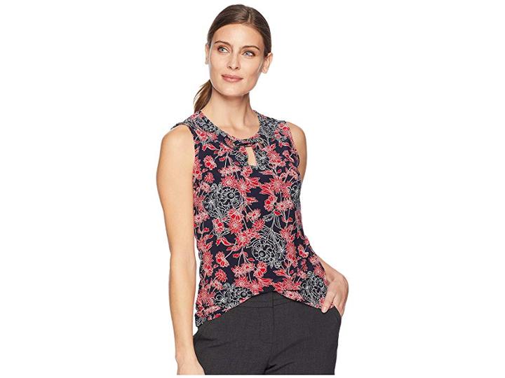Tommy Hilfiger Floral Print Grommet Knit Top (scarlet Multi) Women's Clothing