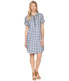 Tribal Gingham Shirtdress With Pocket And Roll Up Sleeve (deep Sky) Women's Dress