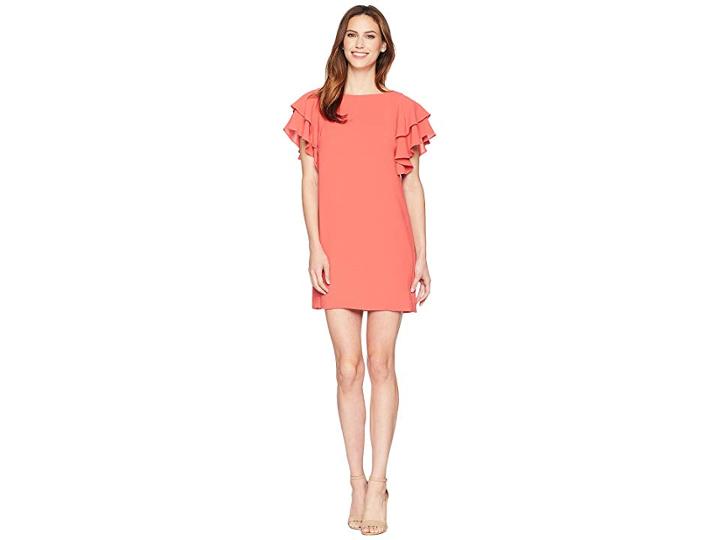 Adrianna Papell Gauzy Crepe Ruffle Sleeve Shift (cruise Coral) Women's Dress