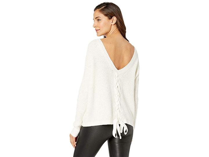 1.state Waffle Stitch V-back Lace-up Sweater (antique White) Women's Sweater