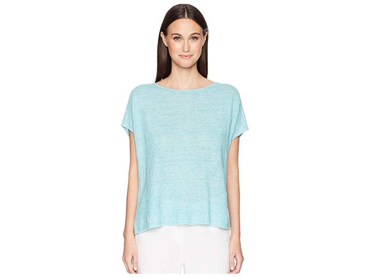 Eileen Fisher Bateau Neck Poncho (pale Turquoise) Women's Short Sleeve Pullover
