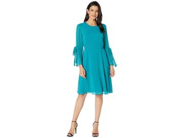 Nine West Metallic Clip Jacquard Long Sleeve Fit Flare Dress W/ Bow Detail At Sleeve (peacock) Women's Dress