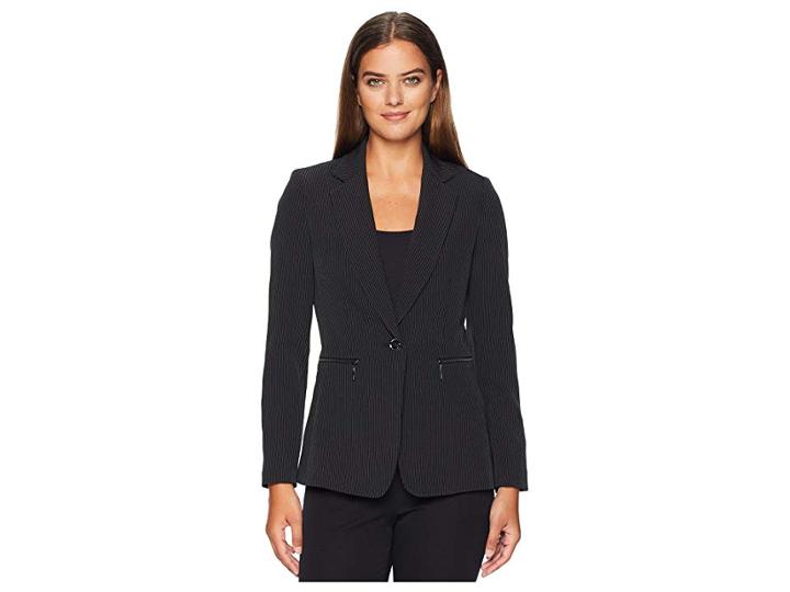 Tahari By Asl Pinstripe Bi-stretch Jacket (black/white) Women's Coat