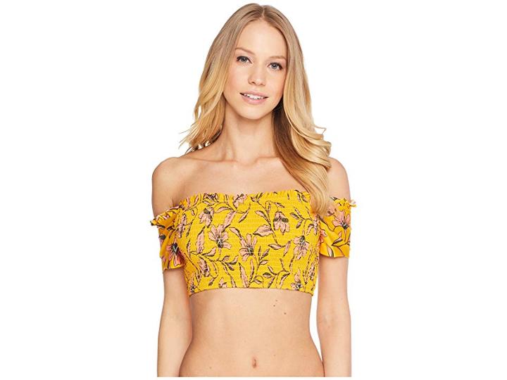 Splendid Golden Girlie Smocked Off Shoulder Bra (butterscotch) Women's Swimwear