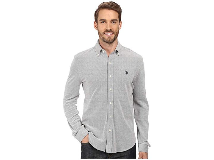 U.s. Polo Assn. Long Sleeve Slim Fit Birdseye Pique Button Down Sport Shirt (campus Heather Grey) Men's Clothing