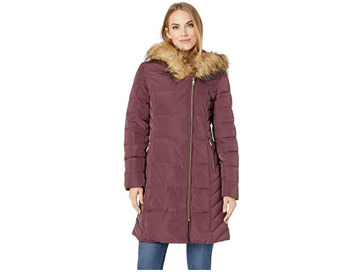 Cole Haan Taffeta Down Coat With Faux Fur Hood (merlot) Women's Coat