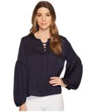 Vince Camuto Lace-up Bubble Sleeve Hammer Satin Blouse (night Sky) Women's Blouse