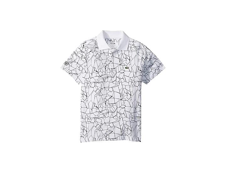 Lacoste Kids Short Sleeve All Over Print Djoko Polo (little Kids/big Kids) (white/black) Boy's Clothing