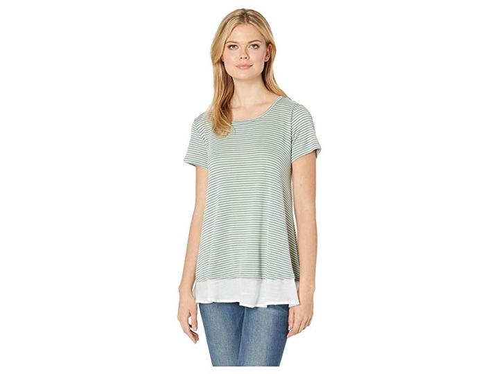 Bobeau Short Sleeve Small Stripe Top (granite Green) Women's T Shirt