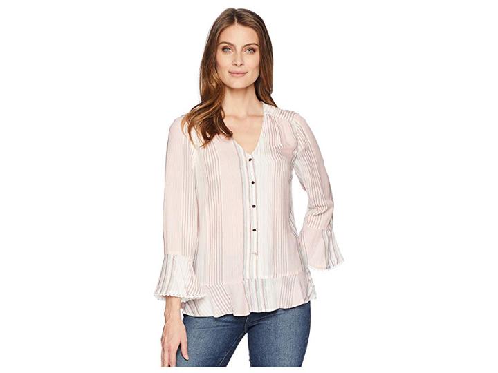 Ivanka Trump Flared Sleeve Stripe Blouse With Open Hem (coral/white) Women's Clothing