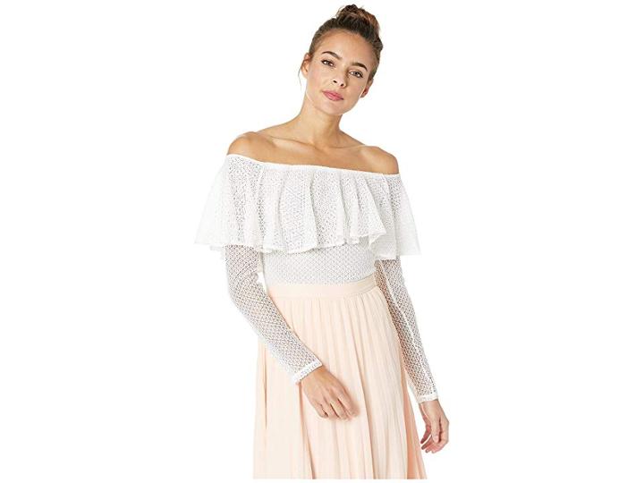 Bcbgmaxazria Off-the-shoulder Eyelet Lace Bodysuit (white) Women's Jumpsuit & Rompers One Piece
