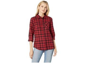 Alexander Jordan Long Sleeve One-pocket High-low Flannel Plaid Shirt (red/black) Women's Clothing