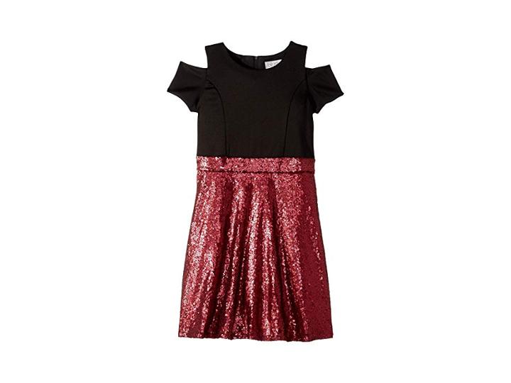Us Angels Short Sleeve Cold Shoulder Scuba To Sequin Skater Dress (big Kids) (burgundy) Girl's Dress